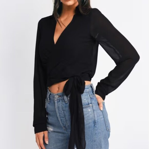 Long Sleeve Sheer Tie Front Blouse - Picture 3 of 4